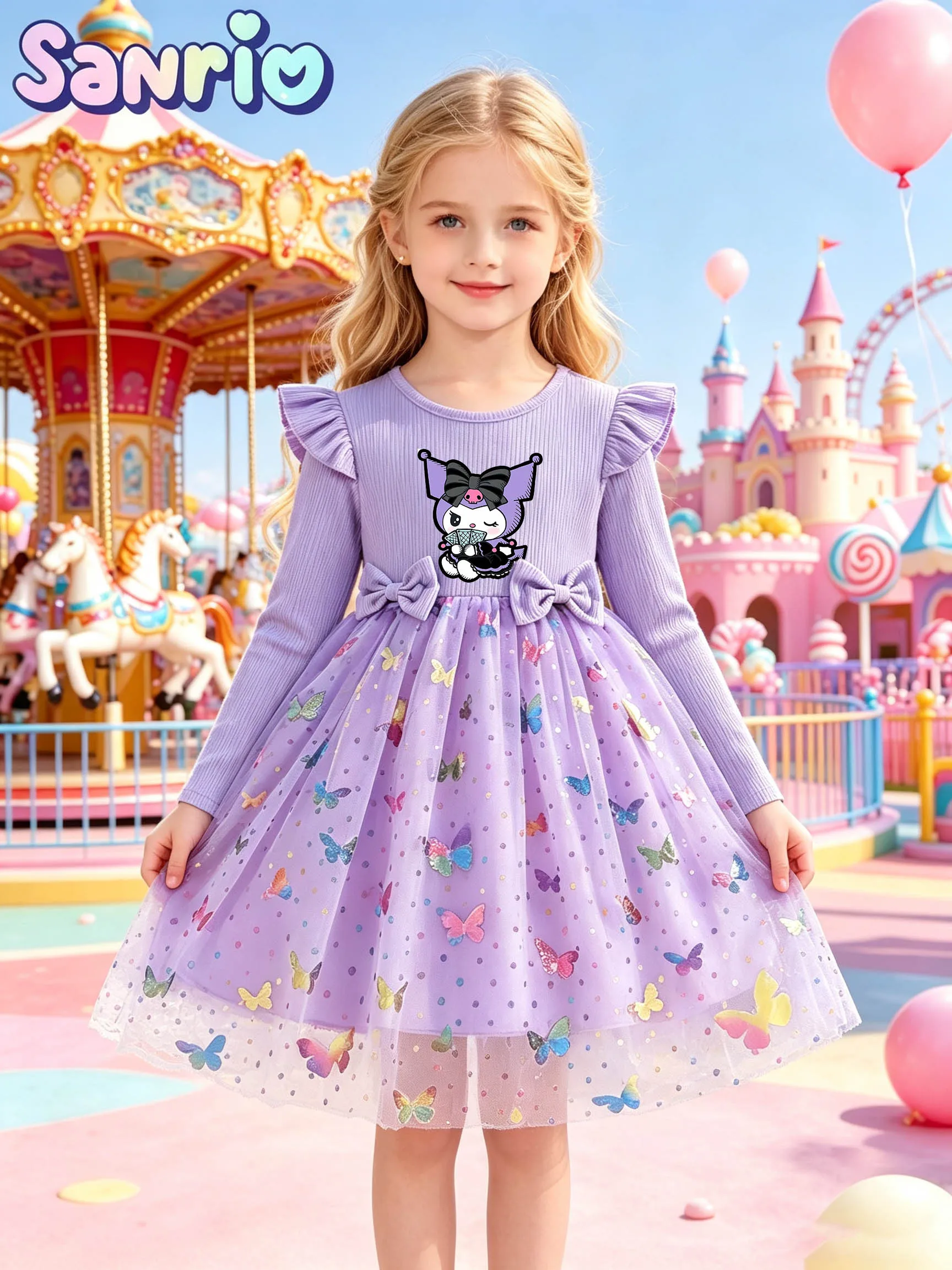 Girls' Purple Kuromi Long-sleeve Princess Dress, Ruffled Flutter Sleeve Ribbed Knit Dress with Colorful Sequin Butterfly Tulle T