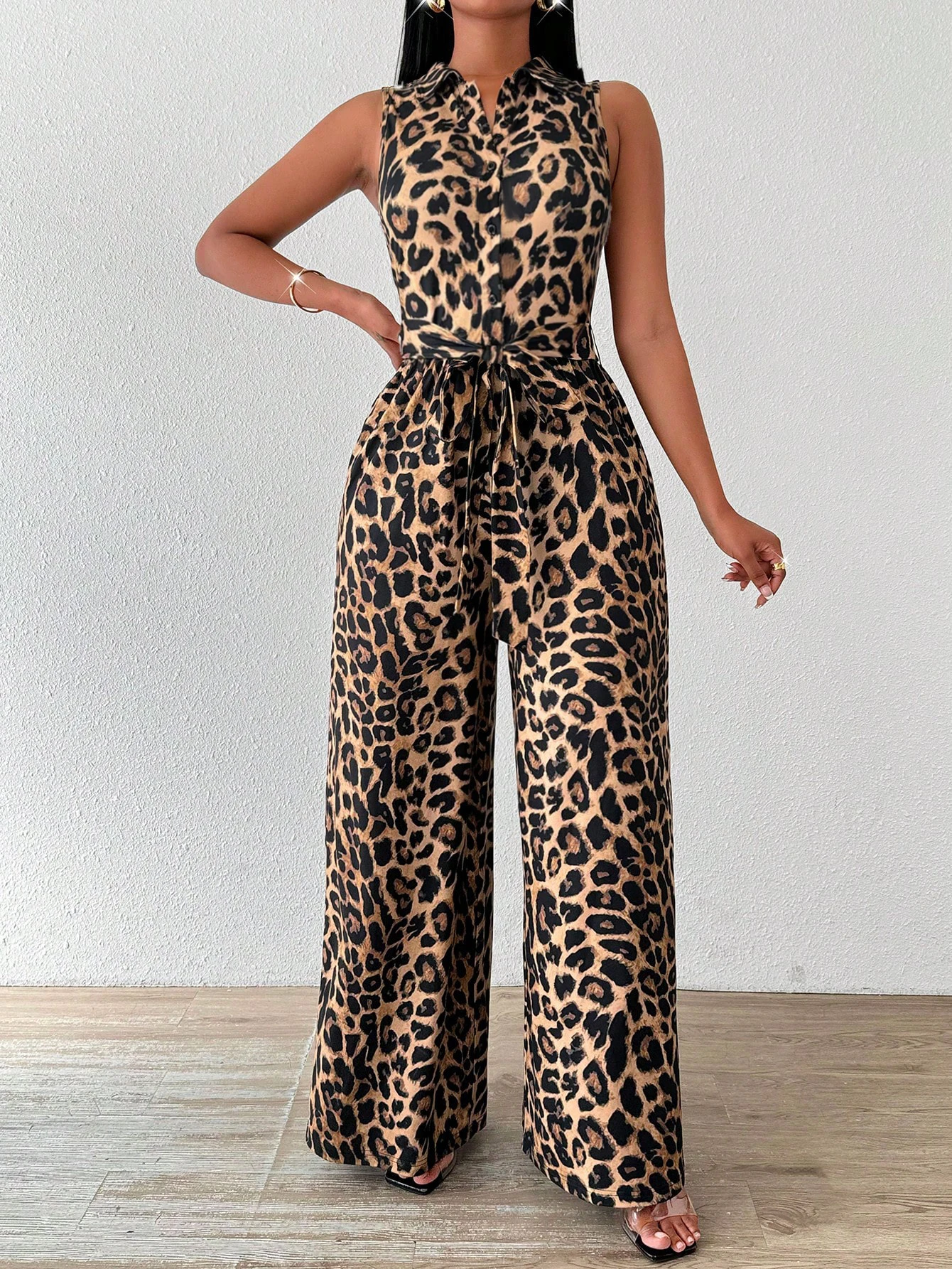 

Women's Leopard Print Sleeveless Jumpsuit Collared Button Front Tie Waist Wide Leg Spring Summer Fashion Casual Daily Jumpsuit