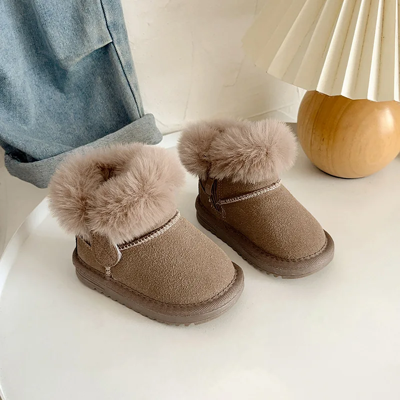 2026 New Winter Children Snow Boots Leather Girls Boots Warm Plush Boy Shoes Fashion Kids Boots Baby Toddler Shoes