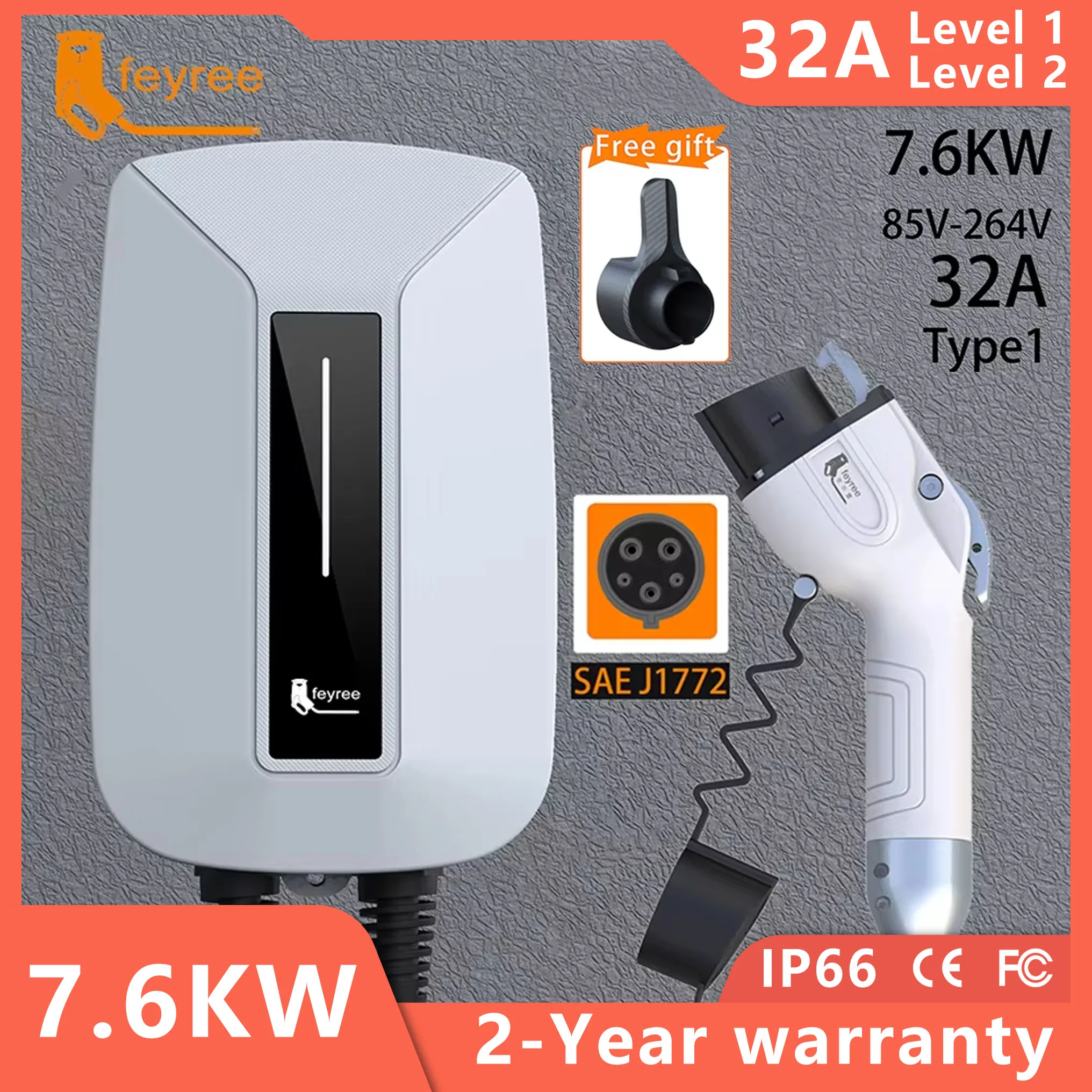 feyree EVSE Wallbox 32A 7KW EV Charger Type2 Plug IEC62196-2 Socket 1 Phase 5m Cable Wallmount Charging Station for Electric Car