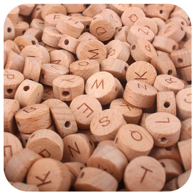 50pcs Flat Round Wooden Alphabet Beads Natural Wood Letter Beads For DIY Baby Teething Necklace Bracelet Pacifier Clip Chain