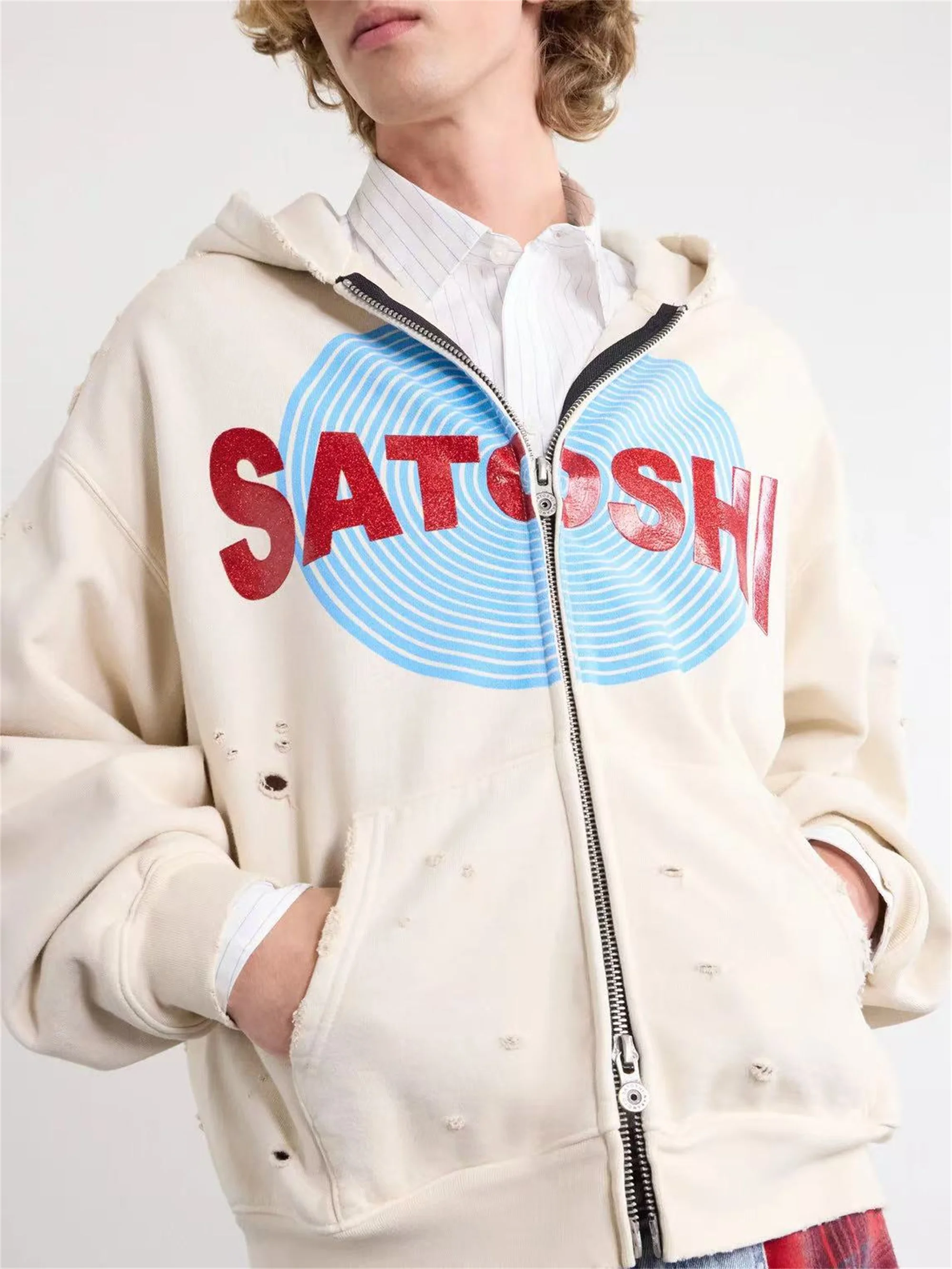 New Arrival Satoshi 26 SS Vintage Japanese Cotton Quality Printed Letter Loose Distressed Washed Zip-Up Hooded Sweatshirt