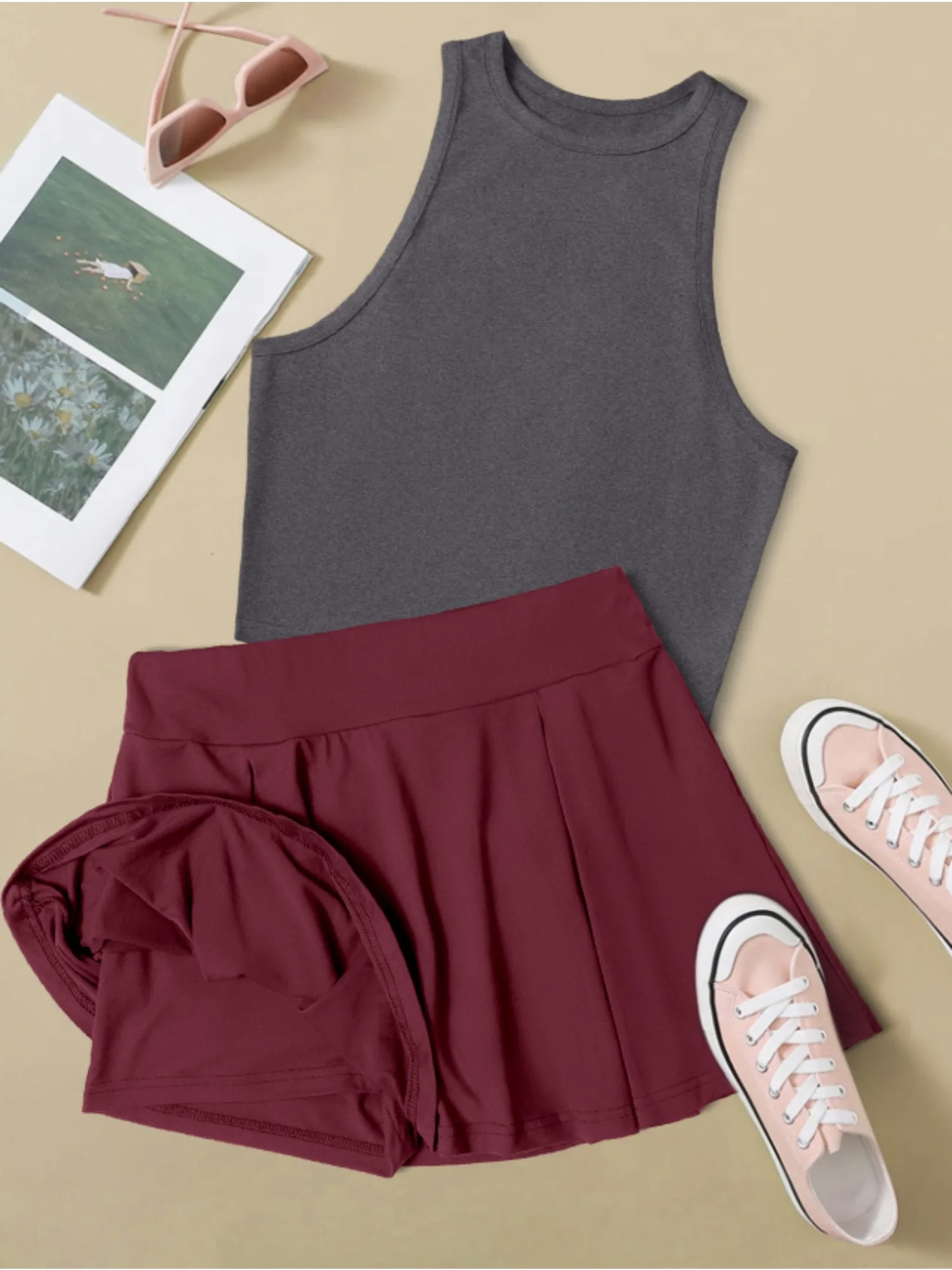 

2026 Casual Women's Sleeveless Top & Pleated Flared Skirt 2 Piece Set, Slim Fit High Waist Skirt Suit for Streetwear