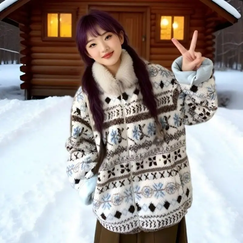 Giacca imbottita da donna Abbigliamento quotidiano da esterno Fair Isle Collo in pelliccia di agnello finta Cappotto invernale Giacca imbottita spessa calda stile etnico da donna