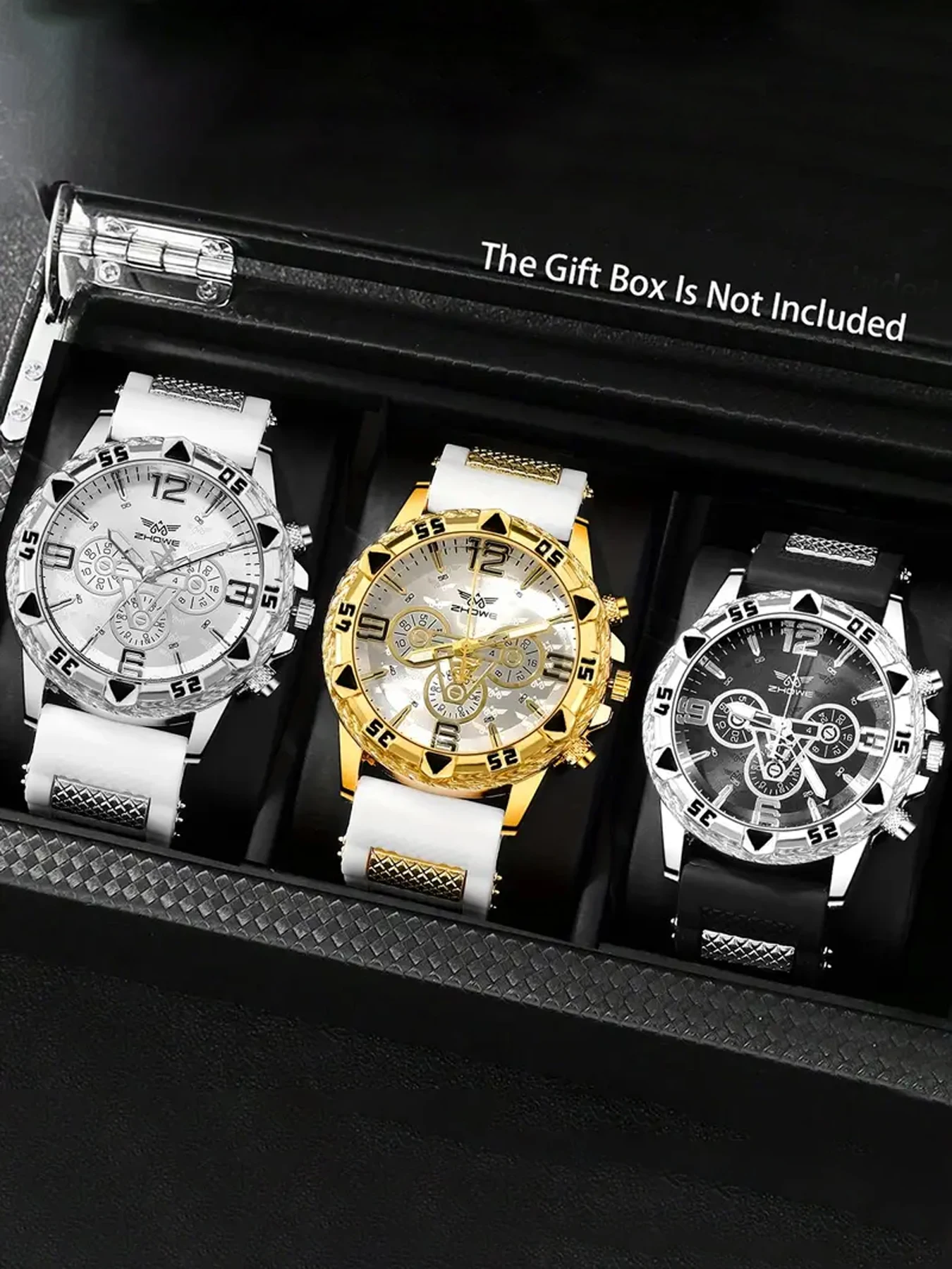 3pcs Large dial fake three-eye stylish quartz watch for men, business and casual, fashionable and cool men's watch