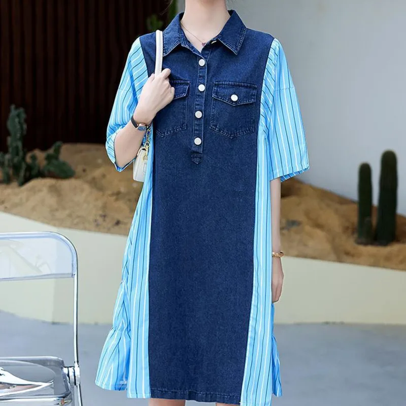 #3144 Summer Denim Shirt Dress Women Batwing Sleeve Loose Polo Neck Spliced Color Asymmetrical Short Shirt Dress Female Buttons