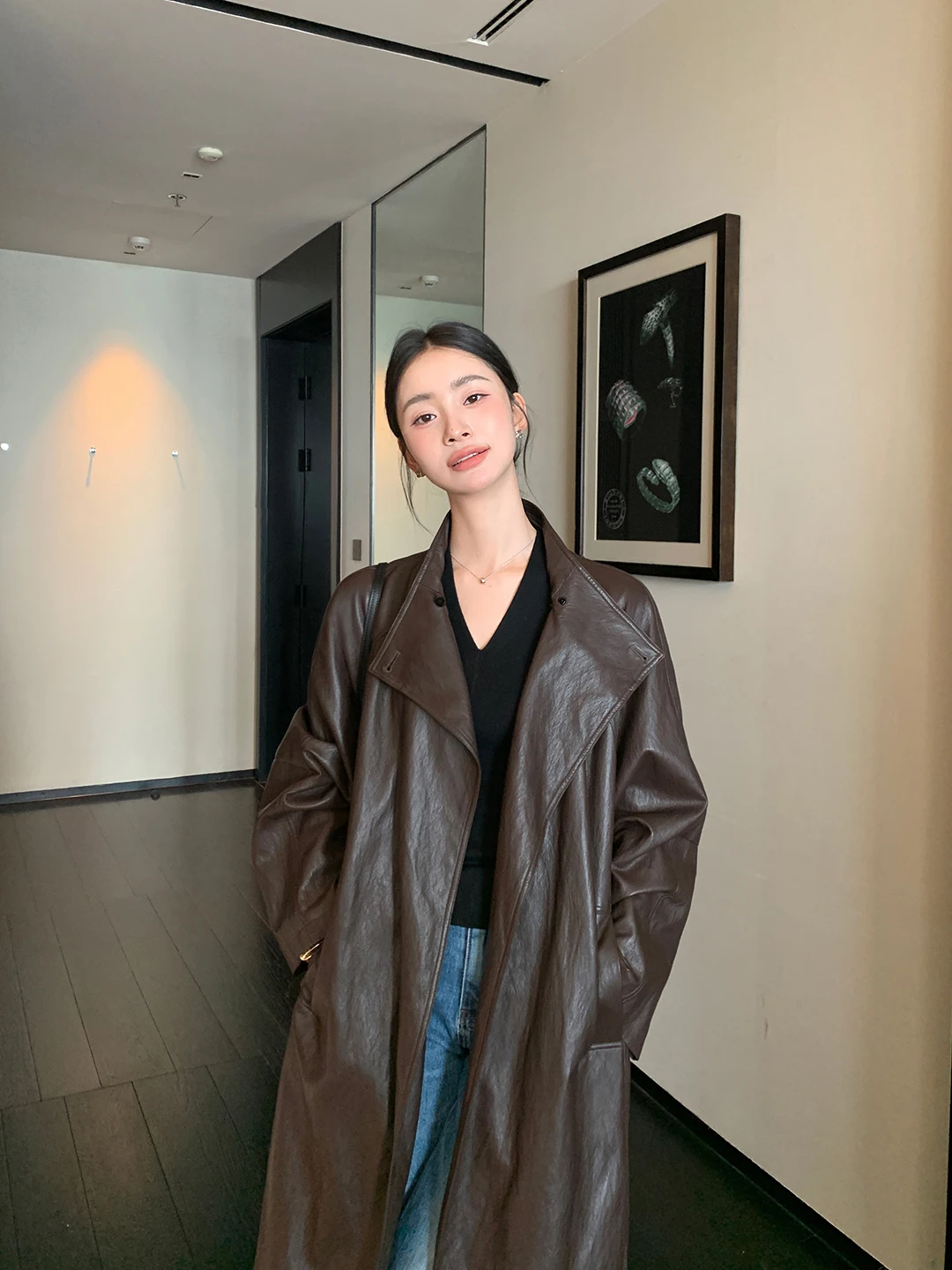 Ele vintage couro pu jaet feminino cintura costurando casaco longo casual sle facionable gola corta-vento de comprimento médio