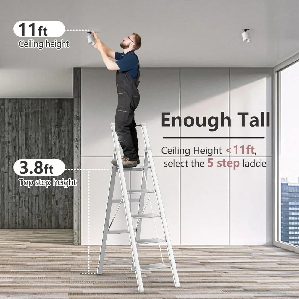 5 Steps Lightweight Aluminum Ladder for 10 Feet High Ceiling Portable Stairs Step Step Ladder Ladders for Home Folding Stool