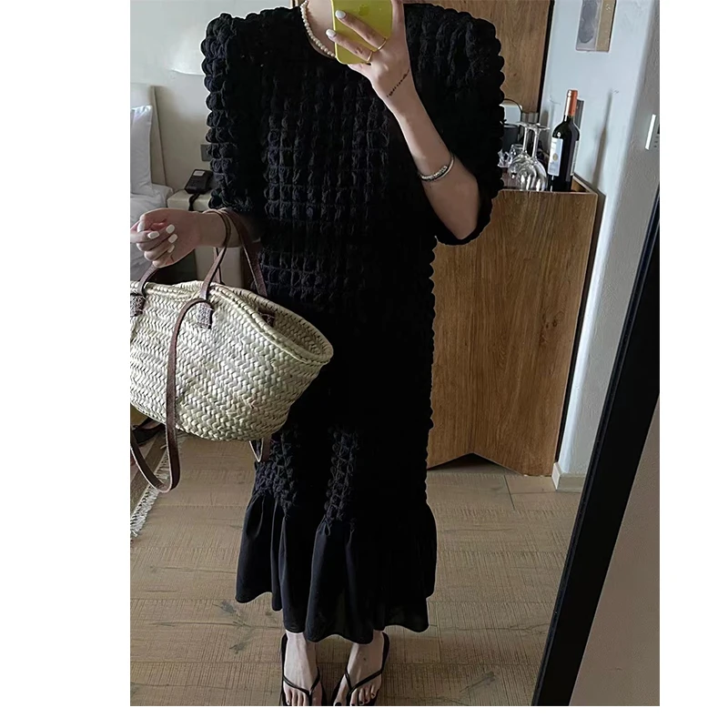 Plaid Dresses For Women O-neck Patchwork Puff Sleeve Loose 2024 Summer Female Solid Color Elegant Clothing