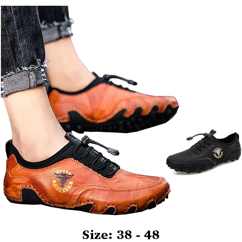 

high quality leather casual boat shoes for men low cut print comfortable 47 48 new 2025 walking big size shoe black brown