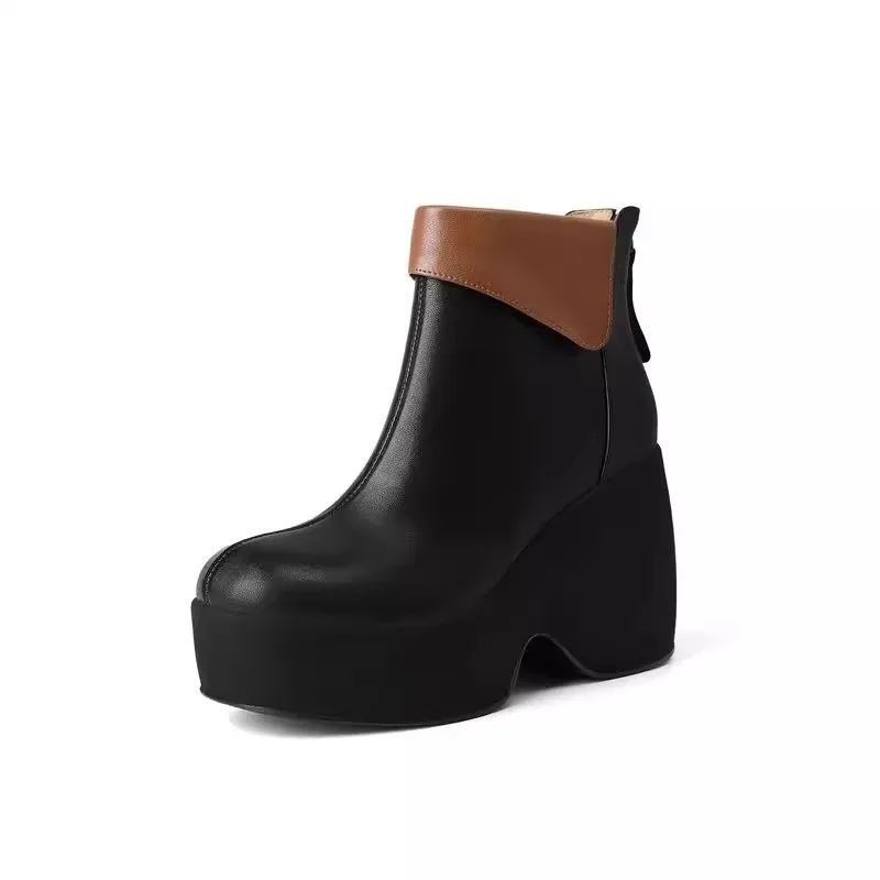 High Quality Ankle Boots Women's Back Zip Color Block Modern Thick Sole Boots Round Head Fashion Botas De Invierno Para Mujer