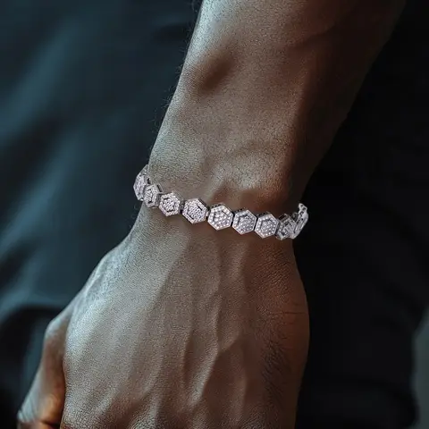 AnuJewel Moissanite 육각형 화려한 팔찌 925 스털링 실버 얼음 계층화 된 팔찌 중금속 뉴 에이지 성명 쥬얼리