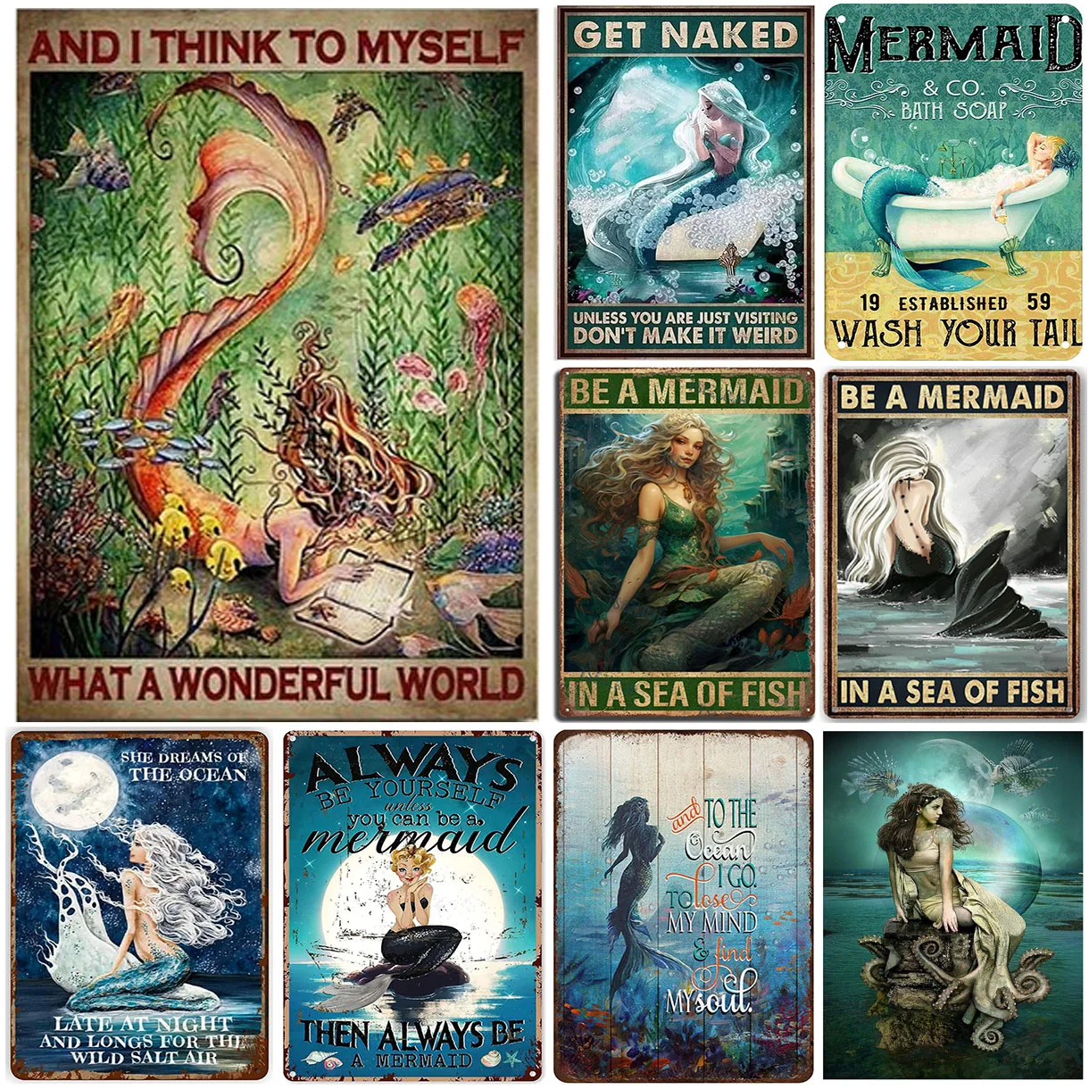 Metalowe plakietki emaliowane Pinup Mermaid Dekoracja ścienna Tablica Vintage Art Plakat Żelazny Obraz dla mężczyzny Jaskinia Dom Kawiarnia Ogród Klub Bar