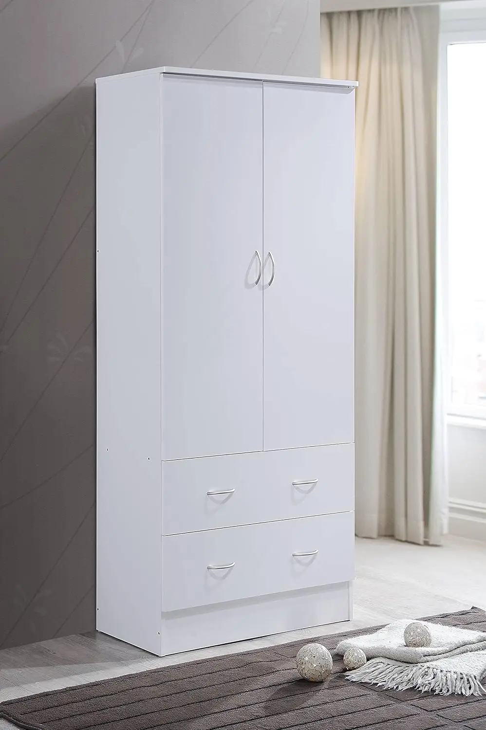 HODEDAH 2 Door Wood Wardrobe Bedroom Closet with Clothing Rod inside Cabinet and 2 Drawers for Storage, White