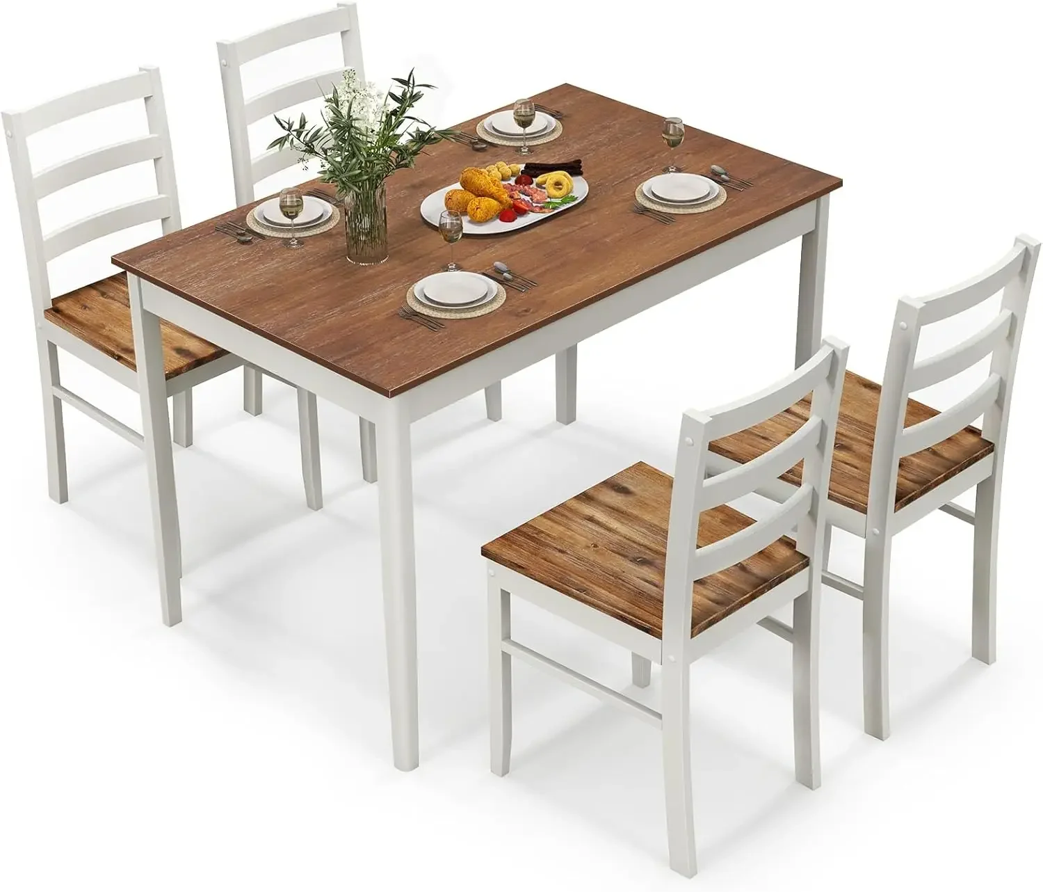 Dining Table Set for 4, Solid Wood Rectangular Table & 4 Chairs, 5 Pieces Farmhouse Dinette Set wtih Rubber Wood Legs