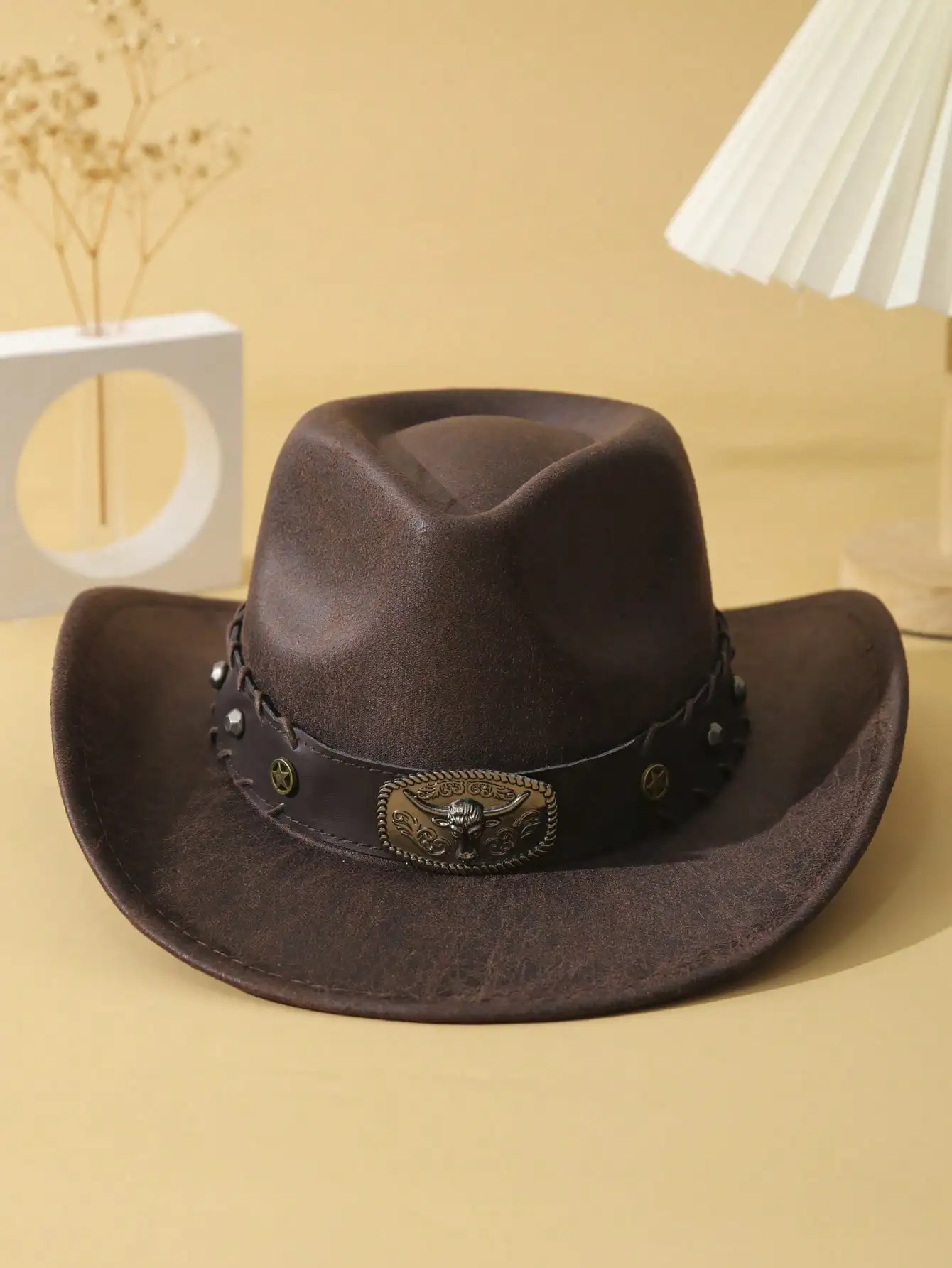1pc Unisex Cattle Head & Belt Decor Handmade Panama Hat PU Wide Brim Cowgirl Hat Cowboy Hat Western Suitable Soft Felt Hat Fedora Hat