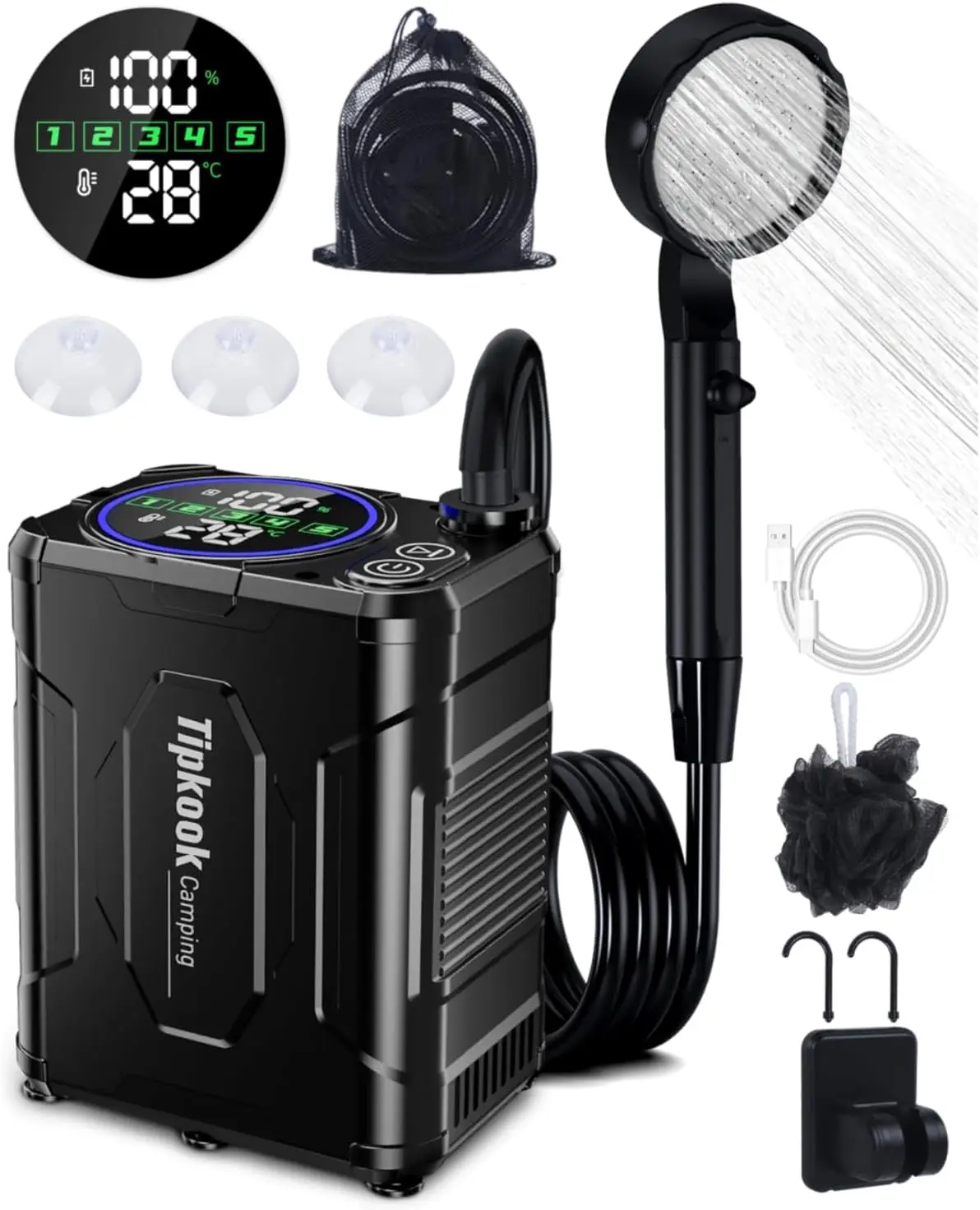 Portable Camping Shower: 13000mAh Rechargeable, IPX8 Waterproof, 5 Speeds, LED Display for Travel & Pet Bath