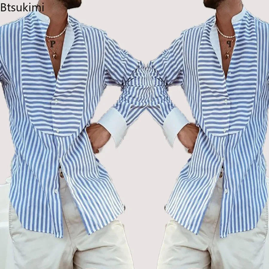 New Men's Simple Loose Shirts Irregular Stripe Stitching Long Sleeve Stand Collar Shirt Spring Casual Cardigan Tops Men Clothing