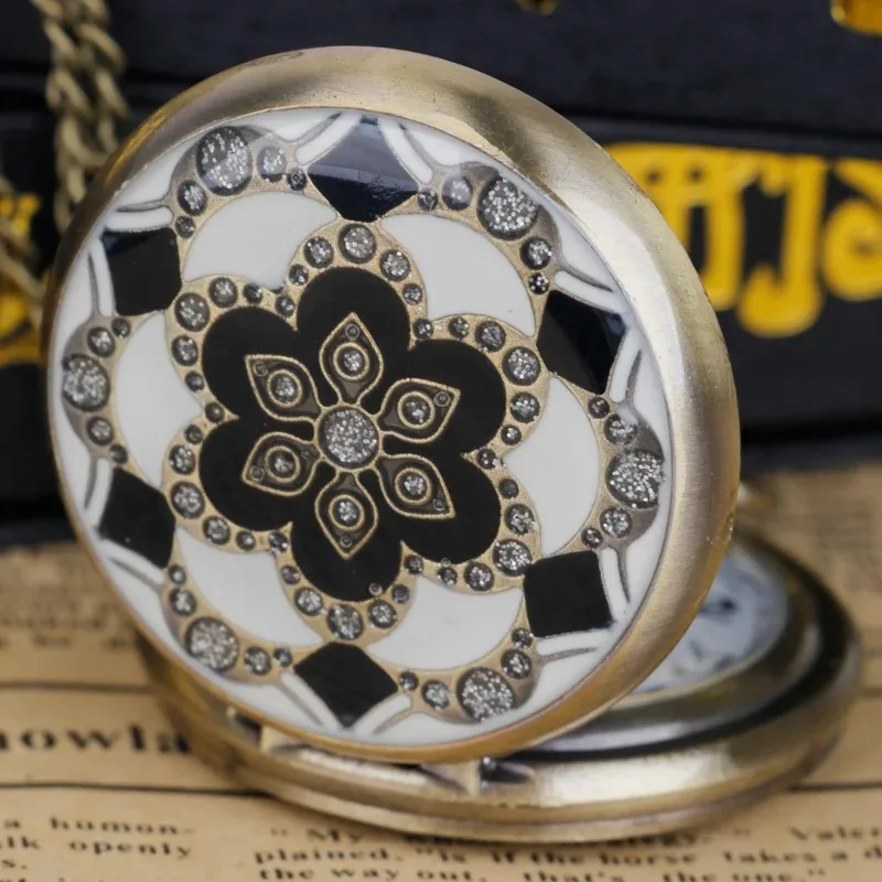 ساعة جيب كوارتز كريستالية كريستالية من النحاس البرونزي والزهرة البيضاء مع سلسلة قلادة وسلسلة بدلاية للرجال والنساء