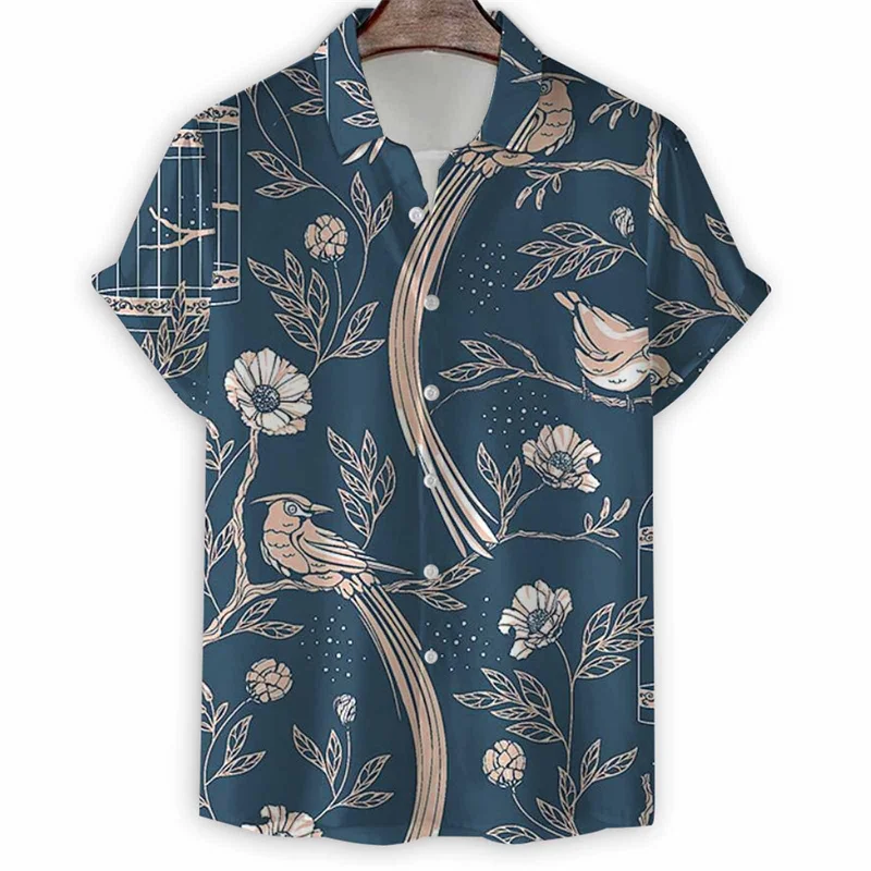 Camisa hawaiana con estampado de pájaros en 3d para hombre, camisetas de manga corta con pintura de animales, camisetas holgadas con botones, blusa con solapa de calle, Verano