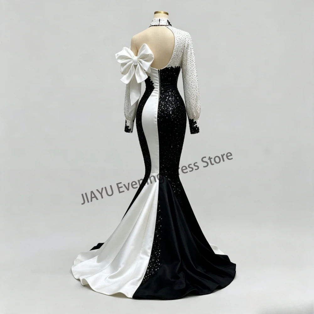 Classic Contrast Color Satin Mermaid Sweep Train Evening Dresses with Big Bow High Collar Long Sleeve Prom Gowns Customized