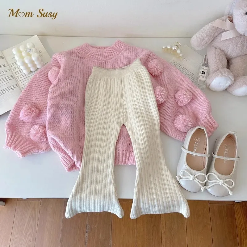 

Baby Girl Princess Knitted Fluffy Ball Sweater Flared Pant Infant Toddler Child Knitwear Spring Autumn Baby Clothes 1-10Y