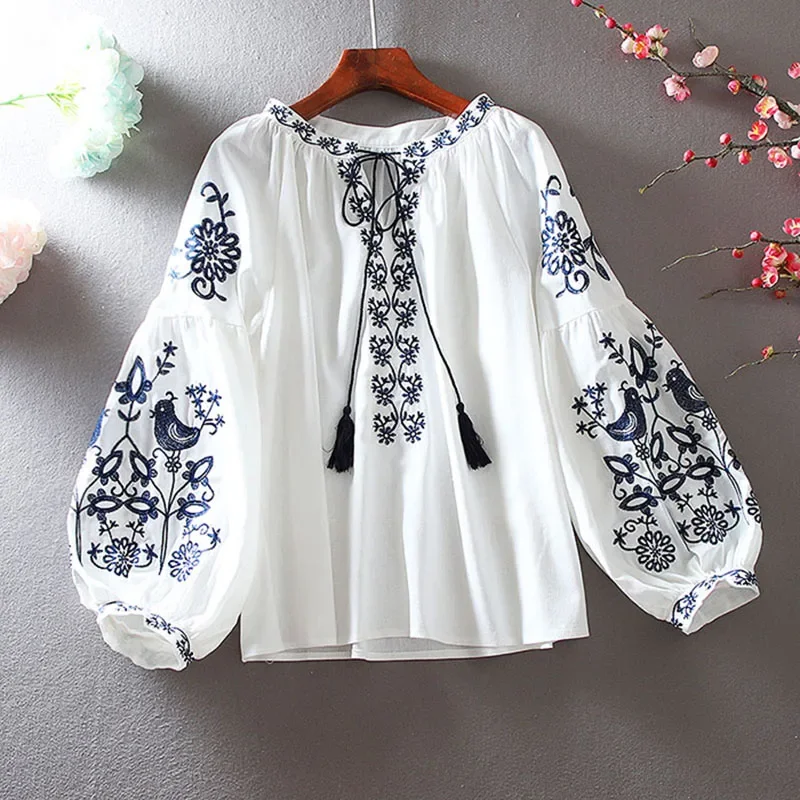 2026 Women's Retro Blouse National Style Embroidered Lace-Up Tassel V-Neck Lantern Sleeve Tops Loose Casual Female Shirt