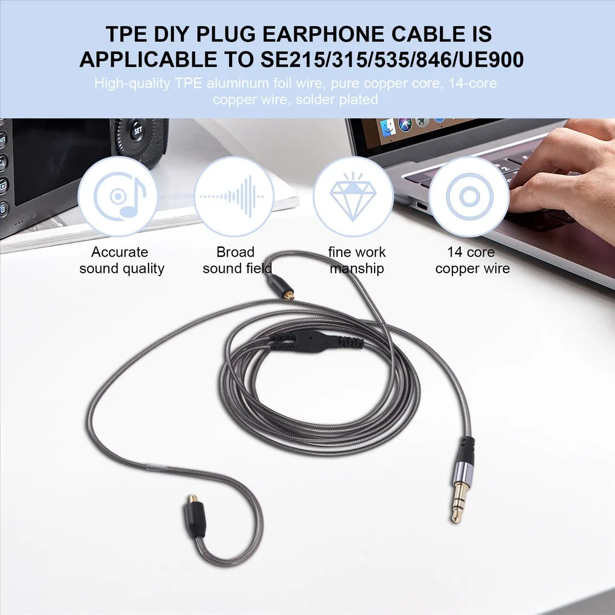 @@HUND-DIY Ie800 Headphone Cable Single Crystal Copper Wires, 14 Core MMCX Interface Earphone Cable for SE215/315/535/UE900