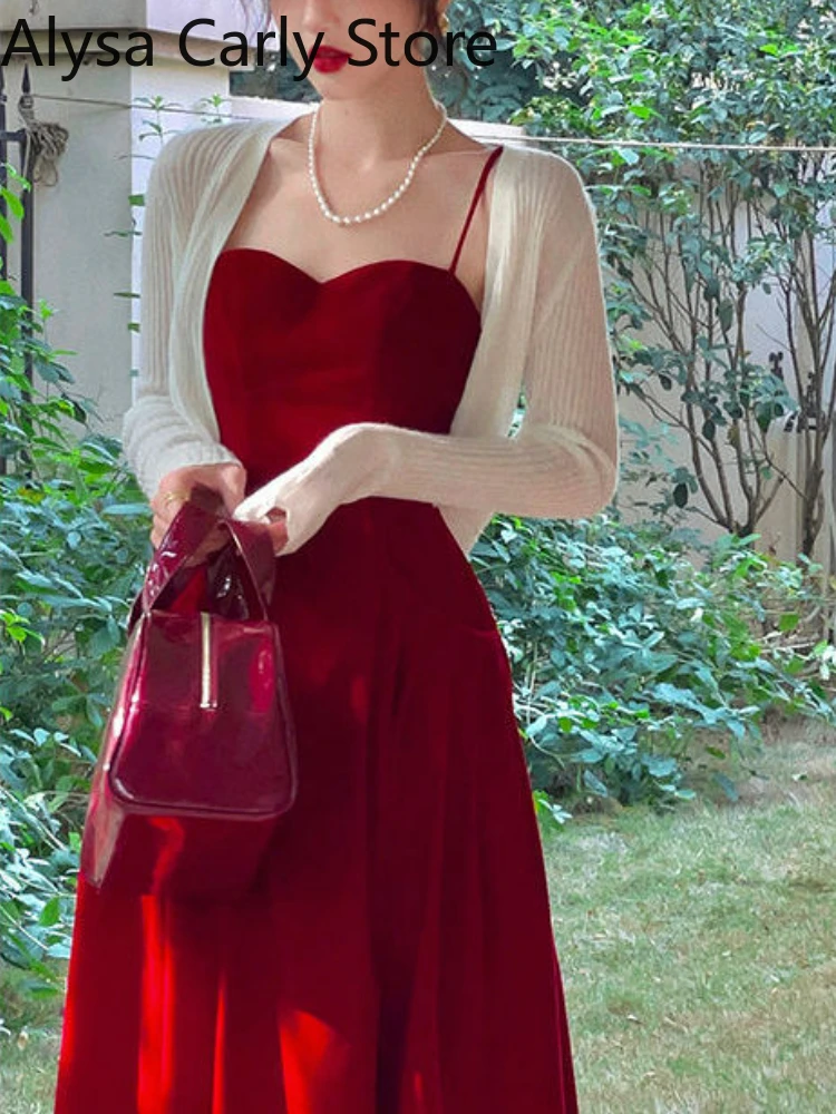 2025 Summer French Vintage Strap Dress Women Red Elegent Korean Party Midi Dress Female Sexy Backless Evening Beach Fairy Dress