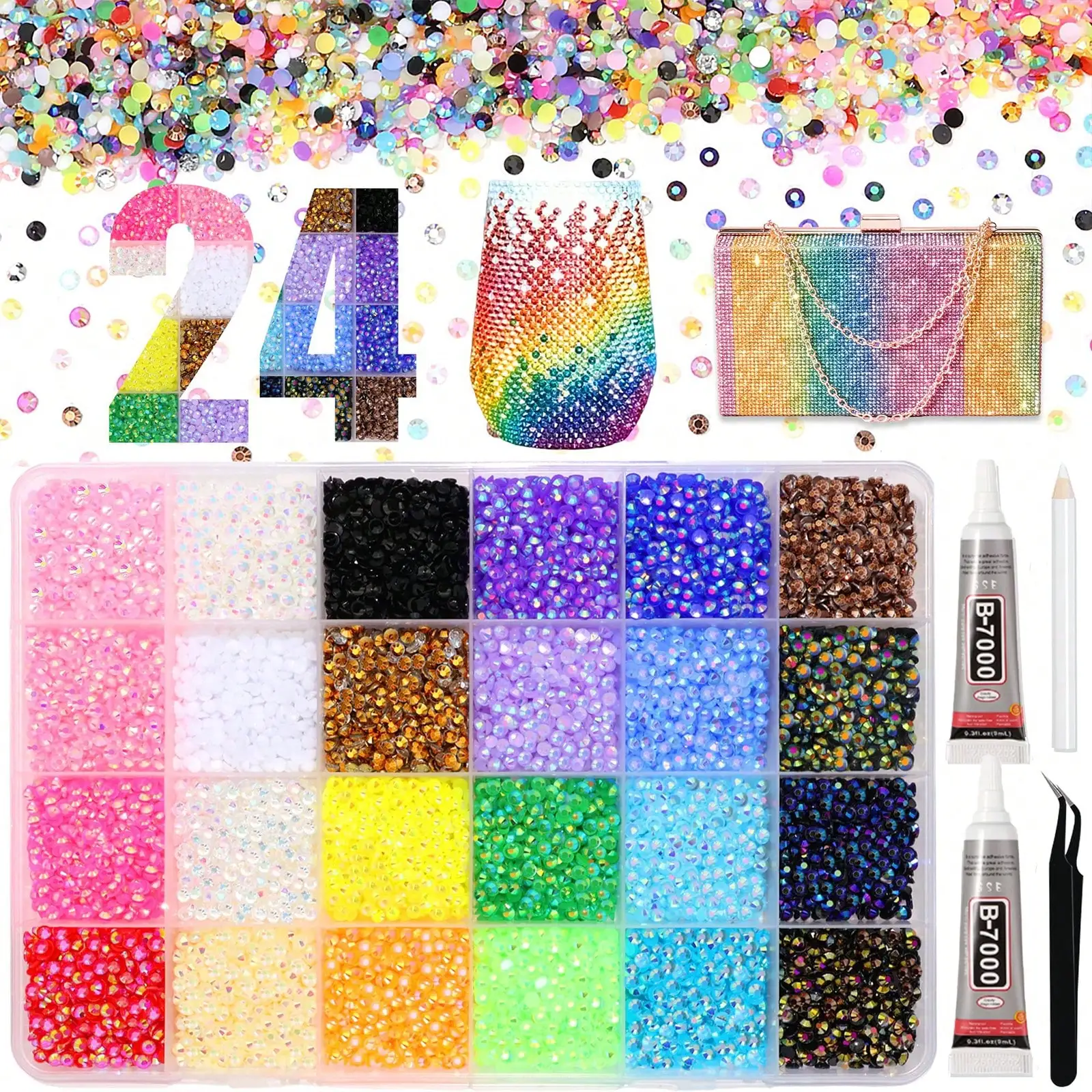 Bedazzling Kit, 24 Colors Resin Rhinestone Kit with Glue and Tweezers, 3mm DIY Bedazzling Gems for Crafting, Nail, Art, Makeup