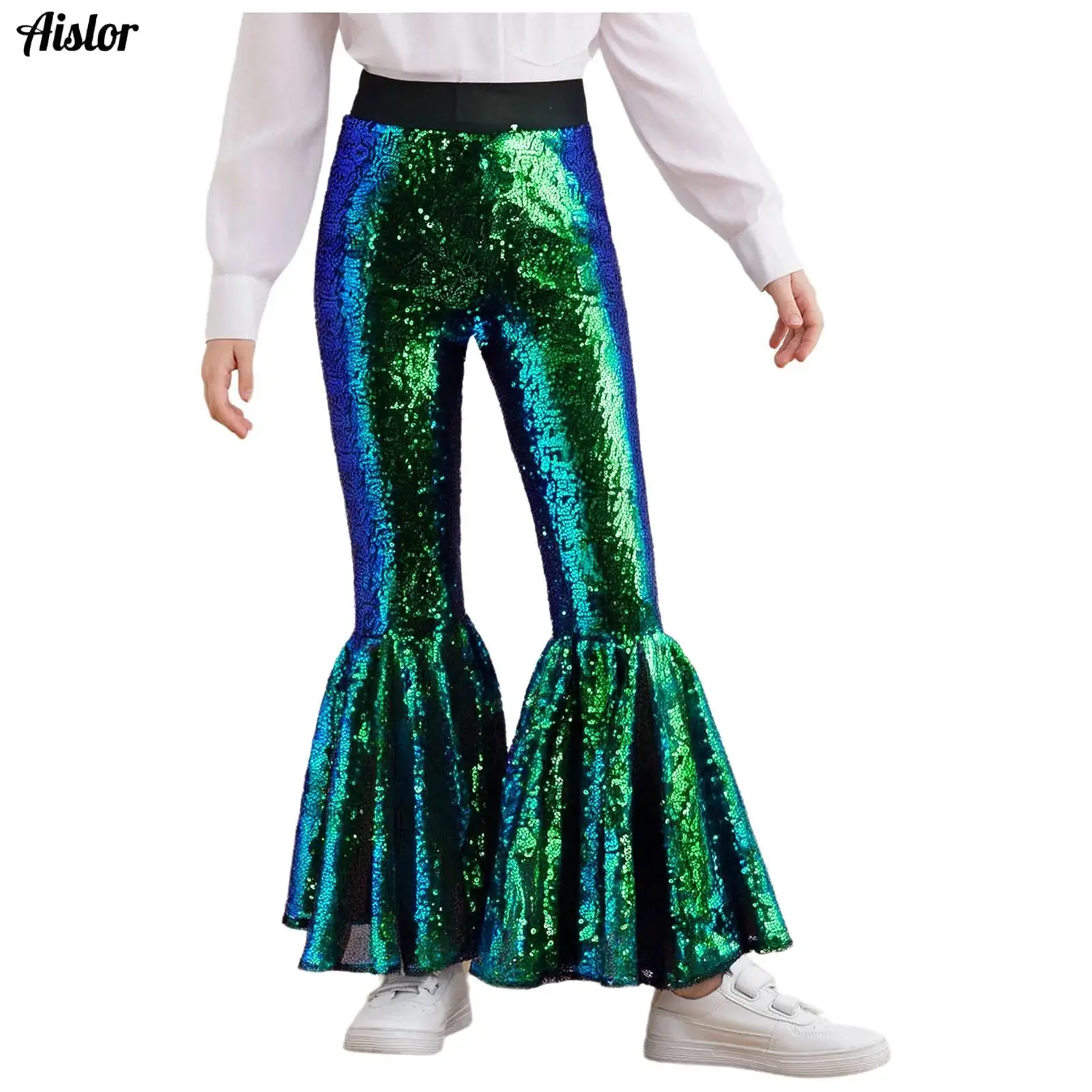 Kids Girls Jazz Latin Dance Pants Stage Performance Costume Glittery Sequins Flared Pants Elastic Waistband Bell-Bottom Trousers
