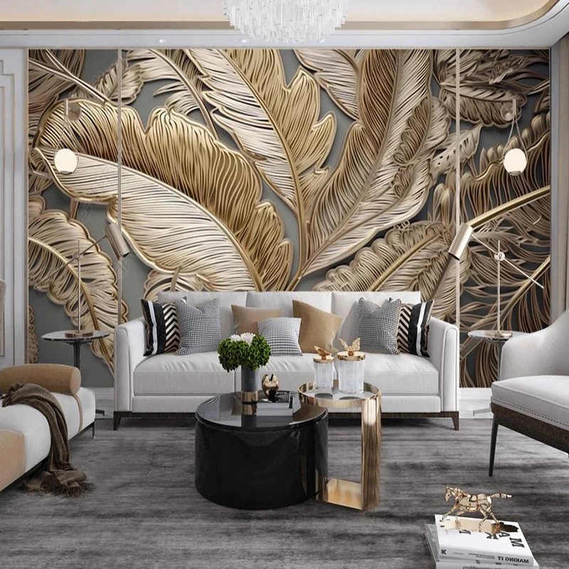 Modern Light Luxury 3D Relief Texture Gold Banana Leaf Mural Photo Wallpaper Living Room TV Sofa Study Home Decor 3D Papel Tapiz