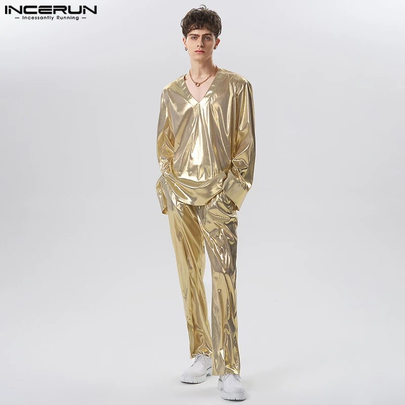 2023 Men Sets Shiny Streetwear V Neck Long Sleeve T Shirt & Pants Two Pieces Sets Loose Party Fashion Men\'s Suits S-5XL INCERUN