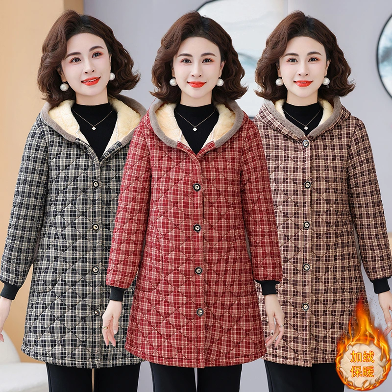 

Thiened Cotton Jaet checkered Loose Hooded Outerwear Winter Coat for Middle-Aged And ly Women Warm parka
