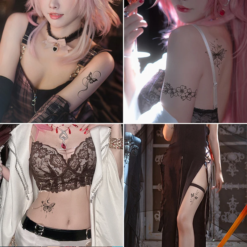 Butterfly and Flower Waterproof Temporary Tattoo for Arm and Leg, Long-Lasting, Black Tattoo Stickers for Men and Women