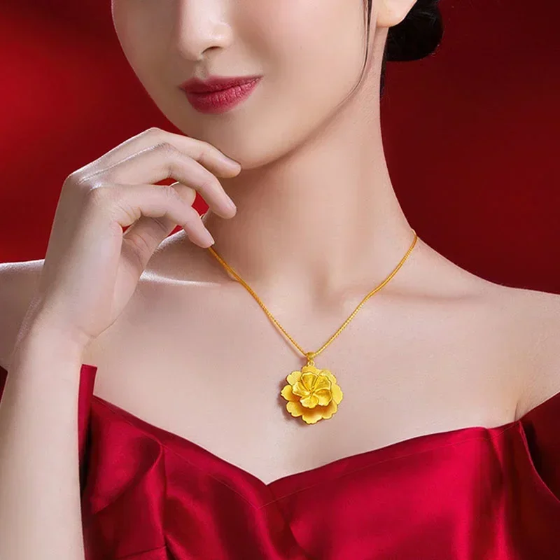 Women's Pure 24k Big Flowers Pendant Jewelry 100% Plated Real 999 Gold 18k Necklace Wedding Gift For Mother For Women's Gifts