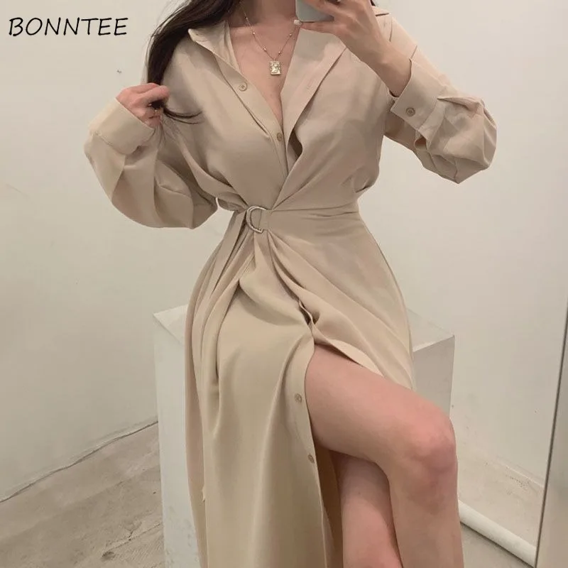 Dresses Women Single Breasted Classy Turn-down Collar Defined Waist Chic Female Vestidos Popular Daily Spring Autumn Ulzzang