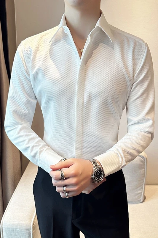 Lente Mannen Blouse Grote Turn Down Kraag Waffe Geruit Shirt Mannen Designer Lange Mouw Adembel Elegant Slim Fit Casual Shirt 2024