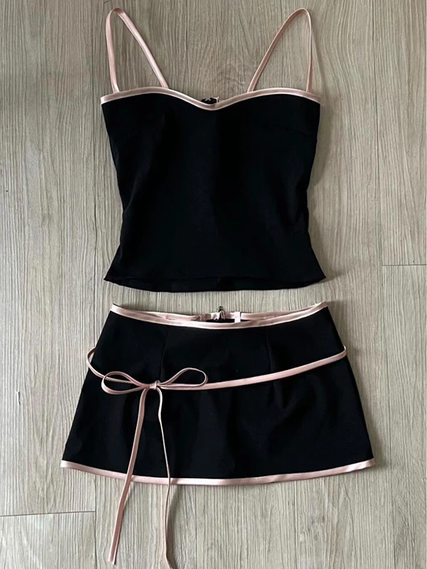 

Beautiful Black Two-Piece Set for Women Summer Strap Half-Skirt Matching Original Design Fashionable Student Work Uniform