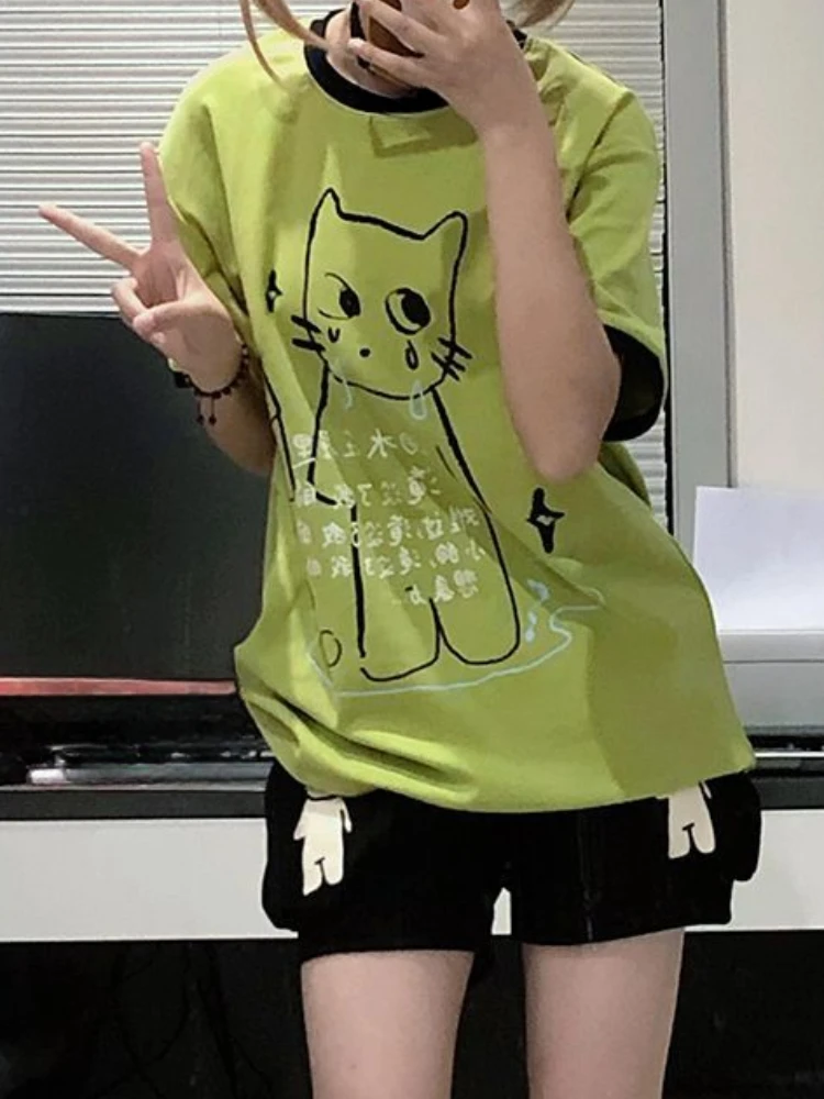 

Y2k укороченные топы субкультура футболка женская японская Harajuku гранж футболки с мультяшным принтом Fairycore контрастного цвета милая графическая футболка