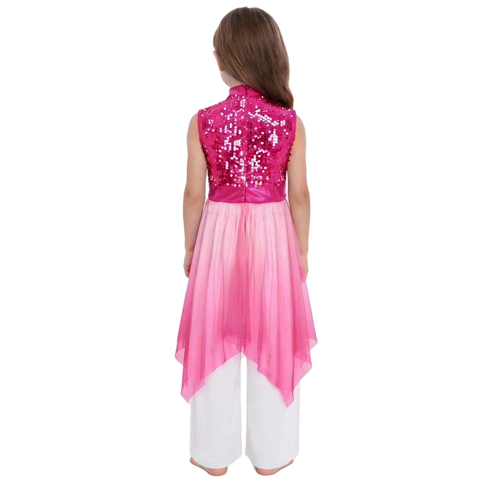 Kids Girls Lyrical Dance Dress with Pants Sleeveless Sequins Bodice Tunic Liturgical Worship Praise Choir Performance Costume