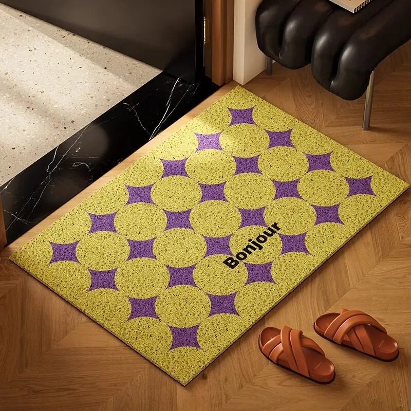 Bonjour Pink Geometric Circle Print PVC Coil Doormat Anti‑Slip Dirt Trapping Welcome Mat Indoor Outdoor Home Entrance Decor Rug