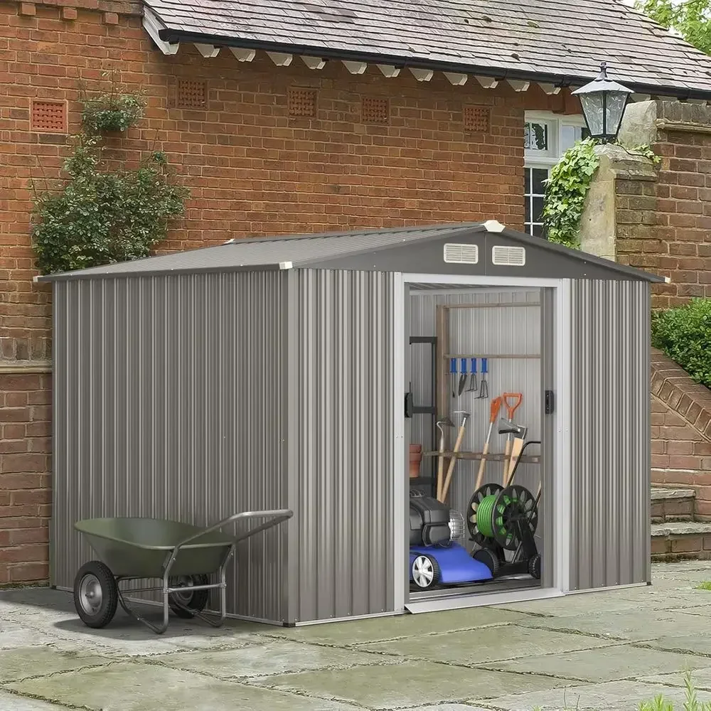 Weather-Resistant Outdoor Storage Shed, 8.5' x 6.8' x 6', Galvanized Steel, Utility Organizer with Foundation, Louvers, Double D