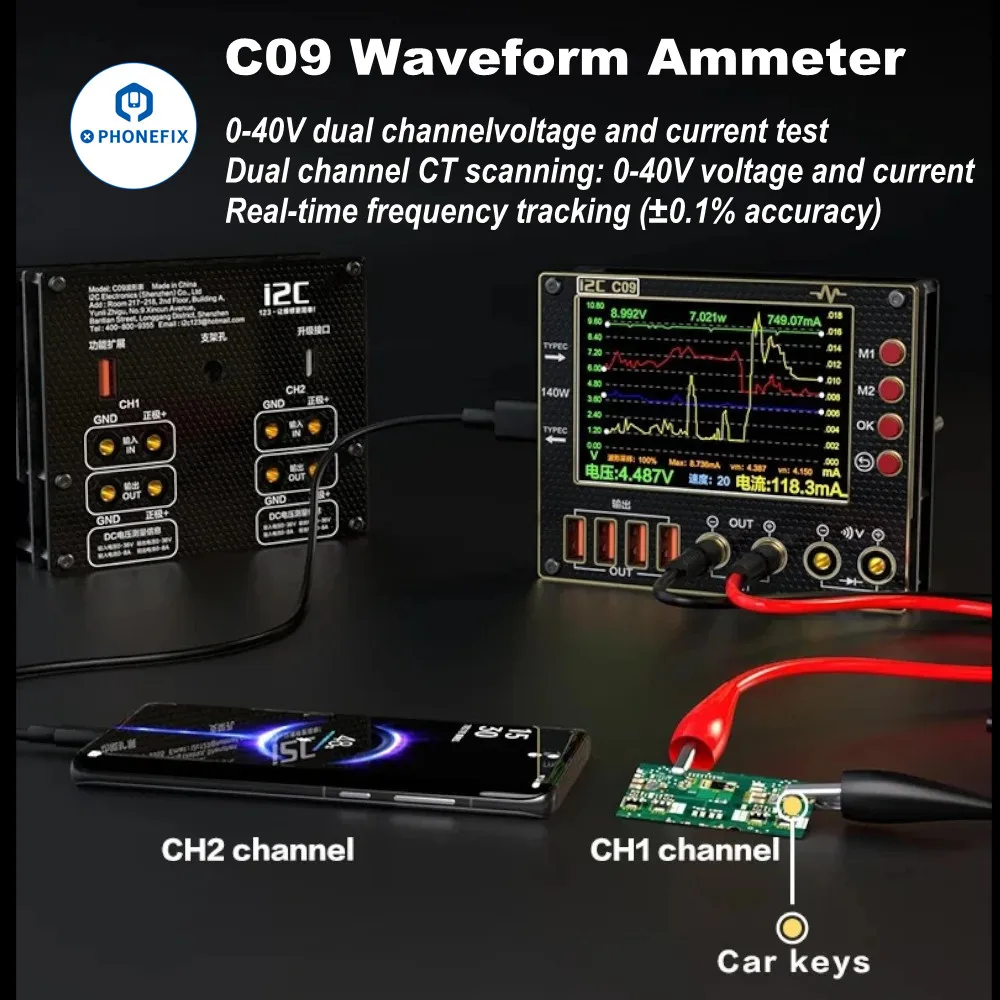 

I2C C09 Digital Waveform Ammeter 0-40V Input Dual-channel Measure Current /Voltage /Fast Diode Scanning Electronics Repair Tools