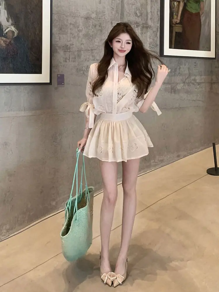 

Korean Fashion Style Shirt And Skirt Two-Piece Set Short Sleeve Button-Up Cotton Blend Summer Collection for Young Women