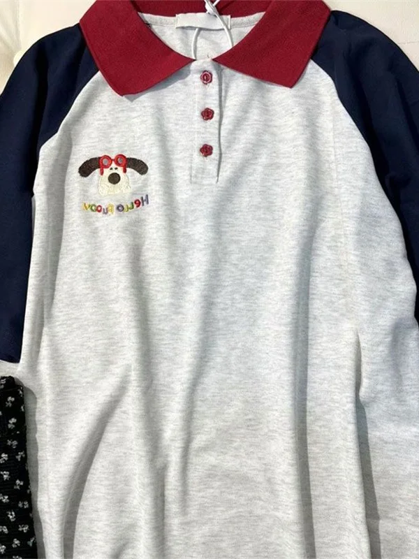 

Ретро-японская футболка с коротким рукавом, женская, с вышивкой в виде собаки, свободного кроя, универсальный топ, корейский стиль, хлопковая, повседневная одежда