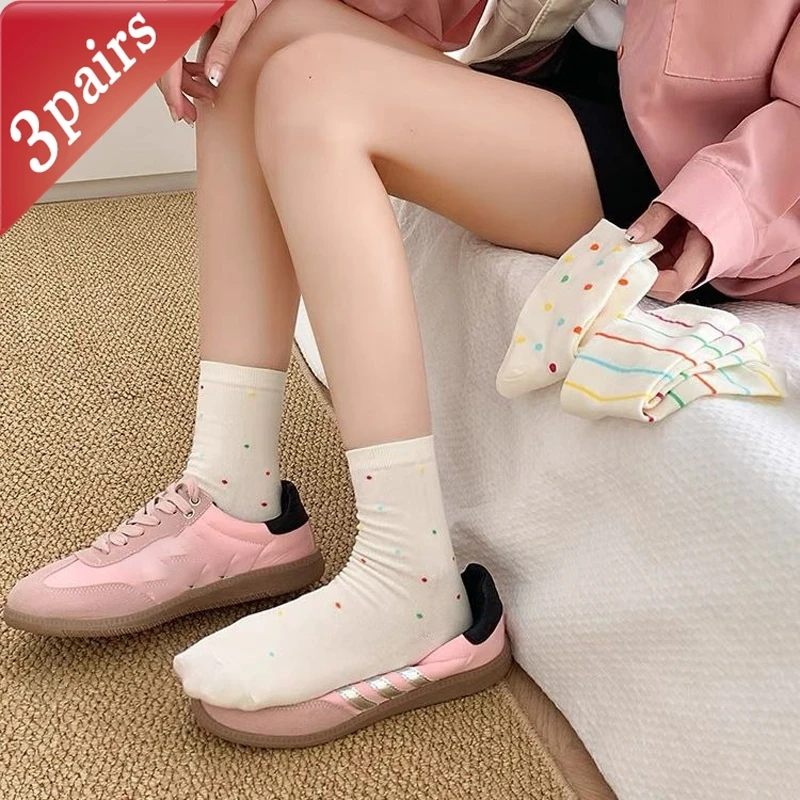 3 Pairs Women's Socks Spring New Multicolour Dot Stripe Middle Tube Cotton Socks Sweet Fashionable Cute Comfortable Pile Socks
