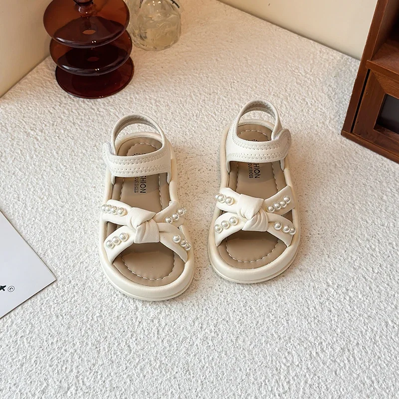 2025 New Pretty Girls Princess Sandals Summer Children Fashion Pearl Causal Shoes Wedding Party Cross-tied Kids Beach Sandals