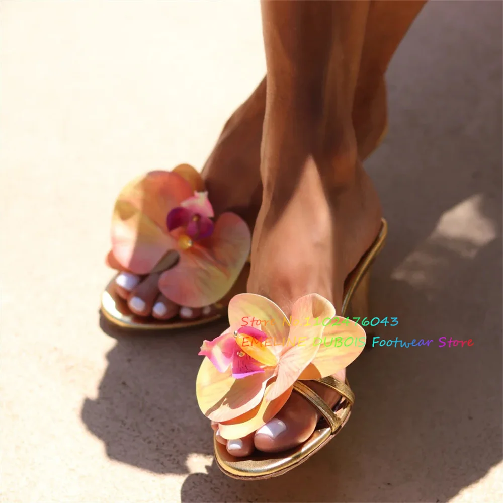 

Женские сабо на высоком каблуке с цветочным декором, элегантные пляжные праздничные модельные тапочки с открытым носком на шпильке, женская летняя обувь