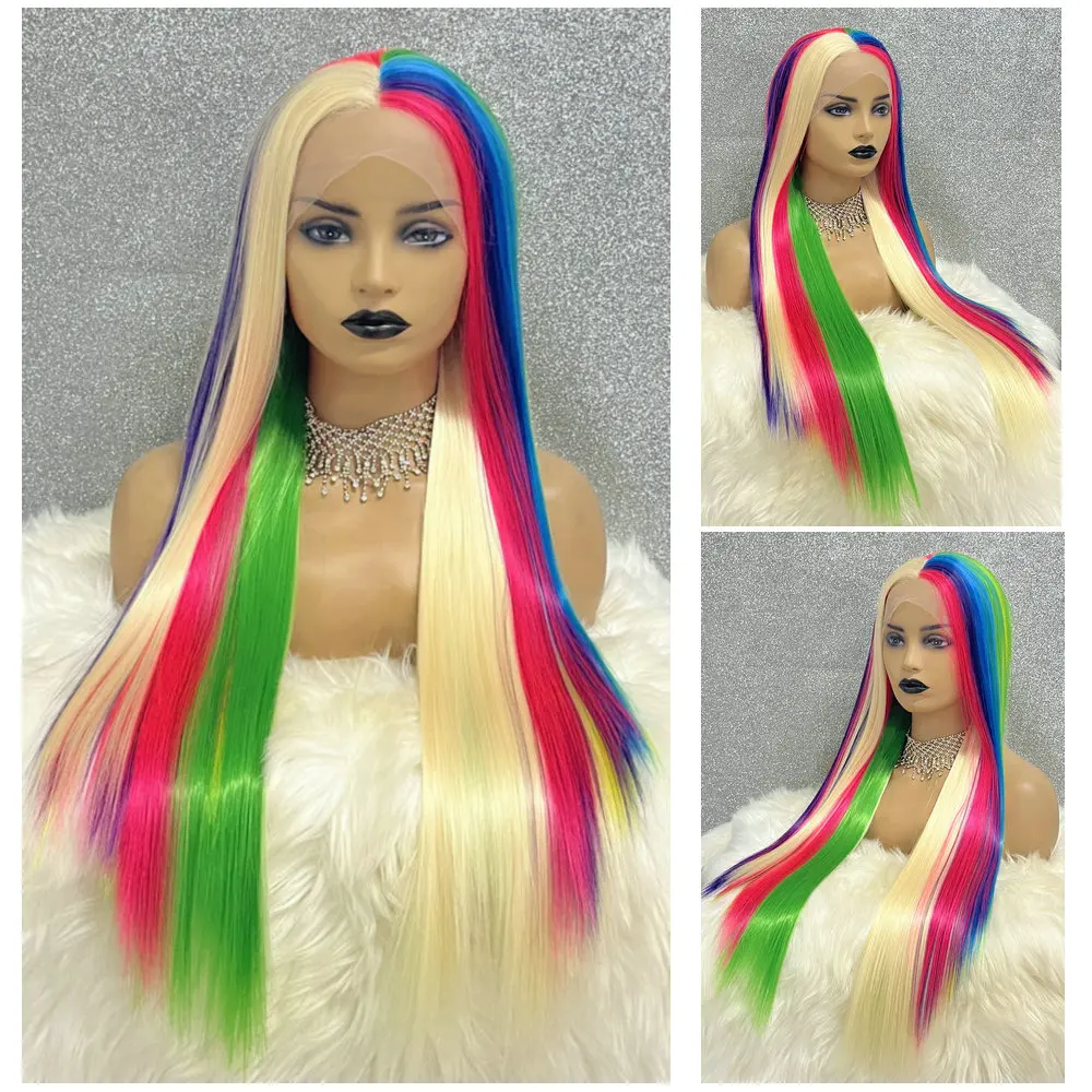 

Rainbow Blonde Colored Cosplay Wig Synthetic 13x3.5 Lace Front Wig Heat Resistant Pink Long Straight Drag Queen Wigs For Women